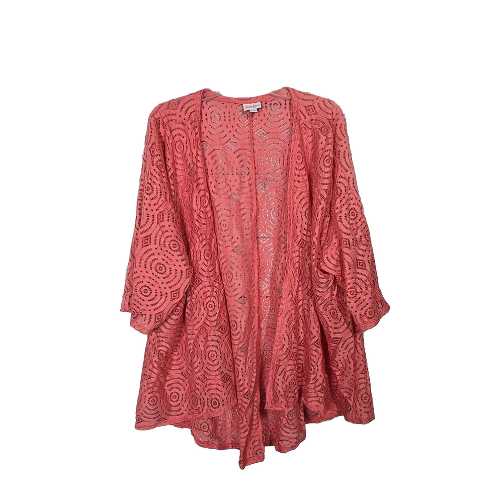 LuLaRoe Coral‎ Pink Crochet Open Front 3/4 Sleeve Kimono Top Womans Size Large